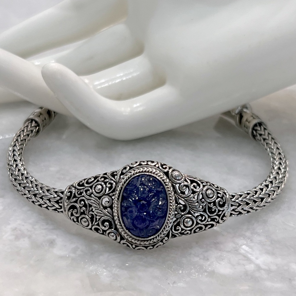 Carved Tanzanite Tulang Naga Sterling Silver Bracelet